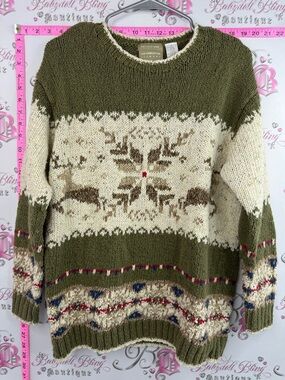 Liz Claiborne vintage sweater Olive, Cream & Brown Fair Isle Wool-Blend Sweater